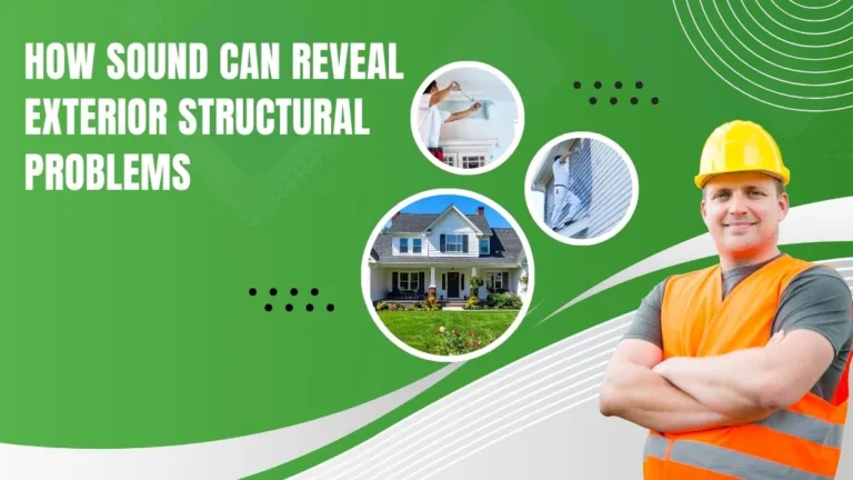 Professional inspecting a home's exterior after hearing unusual structural sounds, checking siding, roof, foundation, and other potential damage.
