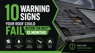 Illustration showing 10 warning signs that a residential roof could fail within the next 12 months, including damaged shingles, leaks, and sagging areas.