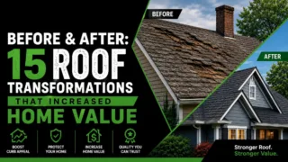 Before-and-after comparison of 15 residential roof transformations showcasing upgraded roofing materials, improved curb appeal, and increased home value.