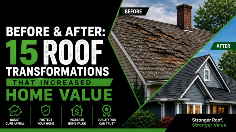 Before-and-after comparison of 15 residential roof transformations showcasing upgraded roofing materials, improved curb appeal, and increased home value.