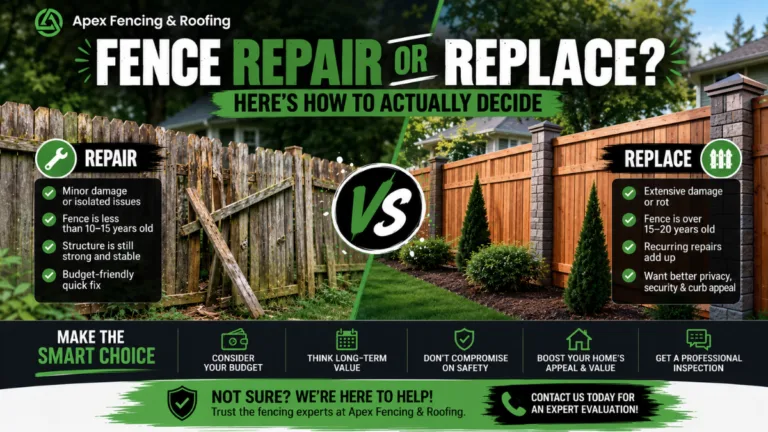 Damaged fence showing the difference between repair and replacement options