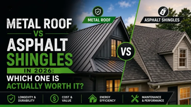 Side-by-side comparison of a modern metal roof and asphalt shingle roof, highlighting differences in durability, cost, energy efficiency, and long-term value in 2026.