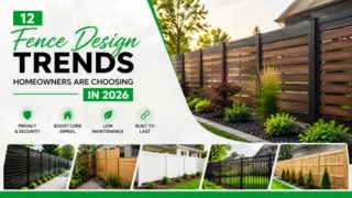 Collage of 12 modern and classic fence design trends for 2026 including vinyl, wood, metal, and ornamental styles