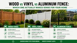 Side-by-side comparison of wood privacy fence, white vinyl fence, and ornamental aluminum fence styles for residential homes.