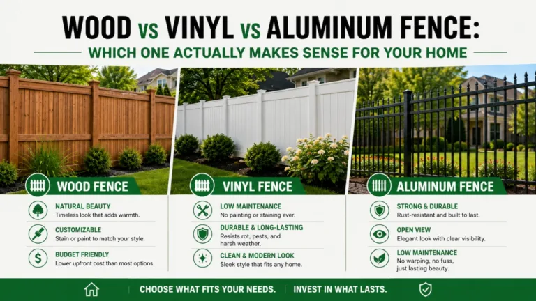 Side-by-side comparison of wood privacy fence, white vinyl fence, and ornamental aluminum fence styles for residential homes.