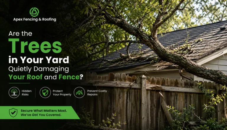 Large oak tree with overhanging branches extending over a residential asphalt shingle roof in Central Texas.