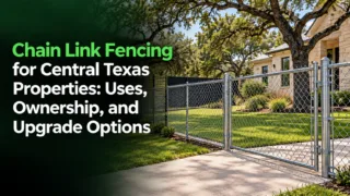 Galvanized chain link fence running along a residential backyard in Central Texas
