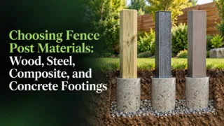 Pressure-treated wood fence posts set in concrete footings before panels are attached