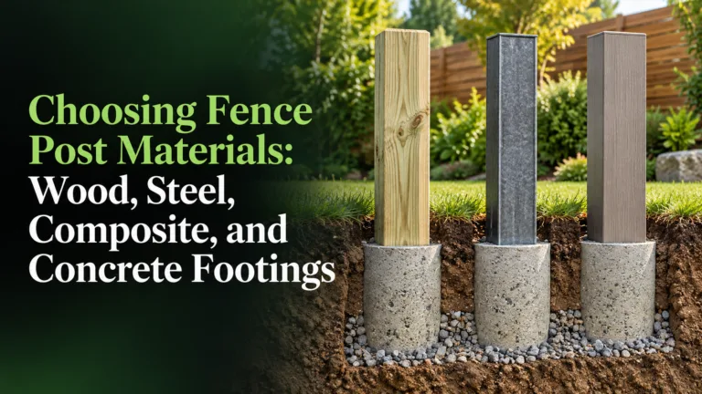 Pressure-treated wood fence posts set in concrete footings before panels are attached