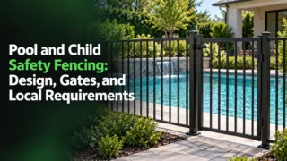 Black aluminum safety fence surrounding a residential backyard pool