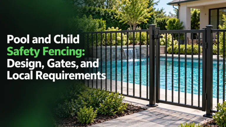 Black aluminum safety fence surrounding a residential backyard pool