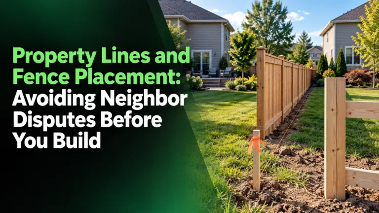 Surveyor’s stakes and string marking a residential property line before fence installation