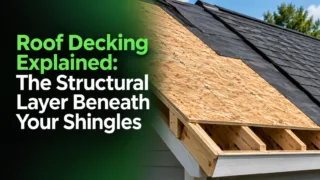 Exposed plywood roof deck with new rafters during a residential roofing project