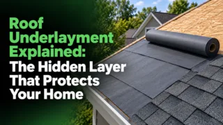 Synthetic roof underlayment being rolled out over a bare roof deck