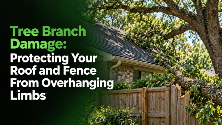 Large oak branch hanging over a residential roof and wood privacy fence