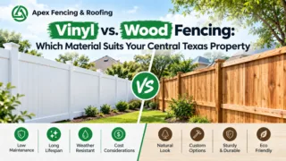 Vinyl vs wood fencing comparison banner for a Central Texas residential property.