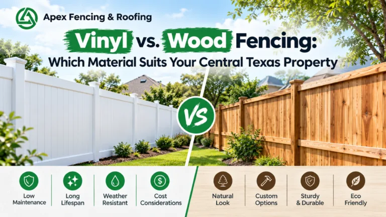Vinyl vs wood fencing comparison banner for a Central Texas residential property.